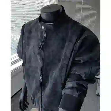 【绒感雾花皮外套裤子一套】布客行 美拉德立领拼接结构美式复古高街夹克直筒水洗做旧微喇基础款松紧腰抽绳牛仔裤休闲运动套装 男女同款