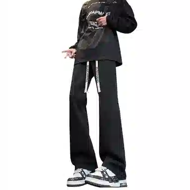 【粗纺仿羊绒外套裤子一套】布客行 连帽高街绒感保暖美式复古上衣夹克直筒水洗做旧微喇基础款松紧腰抽绳牛仔裤休闲运动套装 男女同款