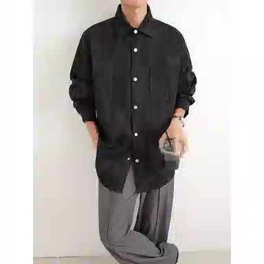 【扎染翻领脏脏开衫裤子一套】布客行 纯色晕染点缀大码百搭长袖外套抽绳松紧腰口水洗做旧阔腿牛仔通勤长裤衬衫套装 男女同款