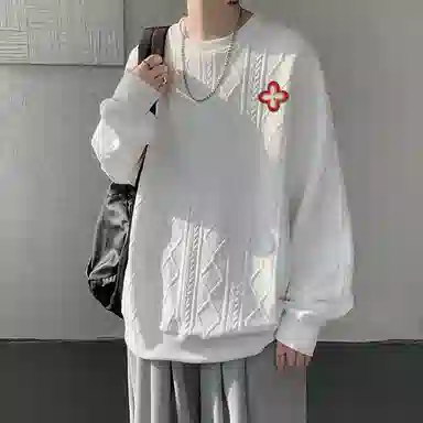 【提花压印大码200斤可穿】布客行 重磅慵懒风美式复古纯色圆领套头落肩长袖上衣港风宽松休闲百搭别针可拆卸刺绣胸标春秋卫衣 男女同款