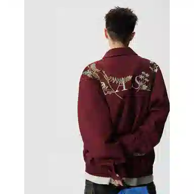 【万针刺绣立体花卉两面穿夹克牛仔裤一套】布客行 翻领拉链美式潮牌长袖外套抽绳港风宽松阔腿水洗做旧长裤休闲运动套装 男女同款