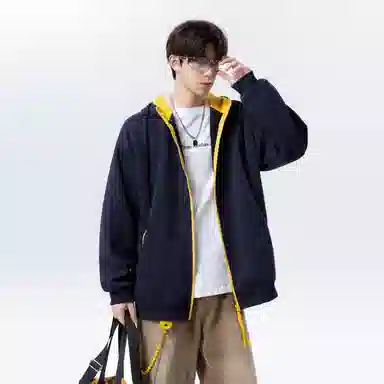 【拼色连帽开衫牛仔裤一套】布客行 撞色拉链高街休闲风大码宽松落肩保暖运动外套抽绳松紧腰水洗做旧港风简约百搭长裤卫衣套装 男女同款