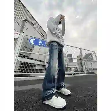 布客行 美式拼接斜切水波纹理直筒阔腿显高显瘦复古蓝宽松舒适休闲百搭蓝色拖地垂感弯刀微喇长裤子水洗做旧高街柔软舒适牛仔裤 男女同款