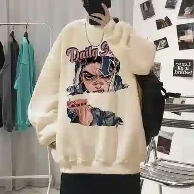 布客行 免搭配一套美式复古卡通字母印花重磅套头落肩袖上衣百搭水洗黑色显高显瘦弯刀微喇巴黎柳叶直筒牛仔长裤子休闲卫衣套装 男女同款