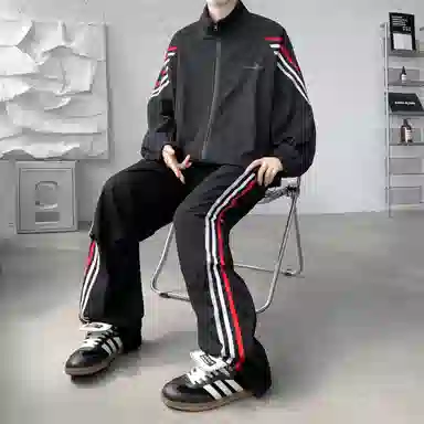 【美式高街三条杠免搭配一套】布客行 明线条纹拼接撞色复古港风舒适百搭日常户外防风防泼水开衫外套长裤子垂感休闲运动套装 男女同款