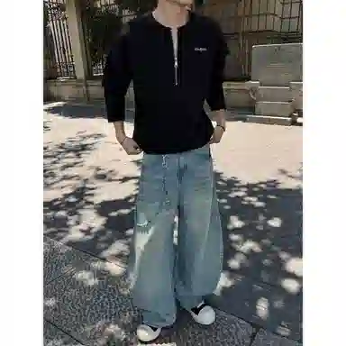 【高街半开领华夫格】布客行 拉链领口长袖内搭美式复古亲肤柔顺港风垂感宽松大码日系慵懒风纯色小众百搭学院风可外穿通勤卫衣 男女同款