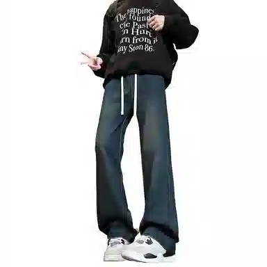 【巴黎柳叶弯刀裤】布客行 美式复古水洗直筒基础款高街舒适亲肤透气休闲百搭微喇纯色长裤显高显瘦显腿长弹力抽绳松紧腰牛仔裤 男女同款