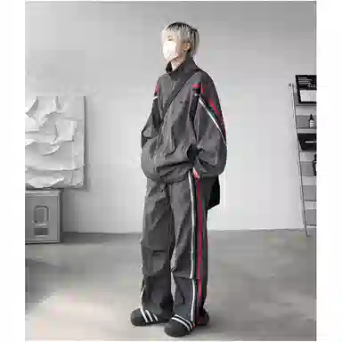 【美式高街三条杠免搭配一套】布客行 明线条纹拼接撞色复古港风舒适百搭日常户外防风防泼水开衫外套长裤子垂感休闲运动套装 男女同款