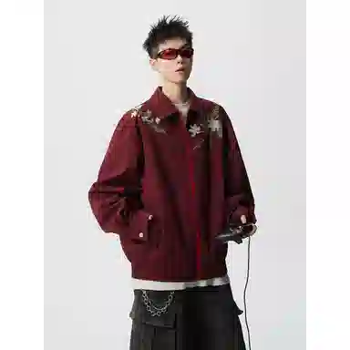 【万针刺绣立体花卉两面穿夹克牛仔裤一套】布客行 翻领拉链美式潮牌长袖外套抽绳港风宽松阔腿水洗做旧长裤休闲运动套装 男女同款