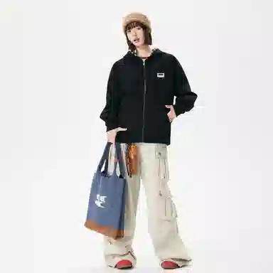 【回潮格纹】布客行 复古港风美式高街可拆卸胸针设计学院连帽落肩口袋拉链青少年开衫宽松休闲舒适百搭华棉长袖外套卫衣 男女同款