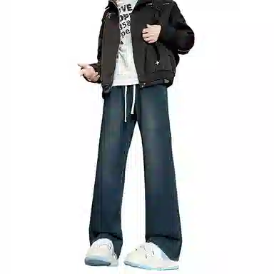 【巴黎柳叶弯刀裤】布客行 美式复古水洗直筒基础款高街舒适亲肤透气休闲百搭微喇纯色长裤显高显瘦显腿长弹力抽绳松紧腰牛仔裤 男女同款