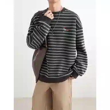 【腊肠小狗刺绣打底衫牛仔裤一套】布客行 美式潮牌圆领长袖条纹百搭港风卫衣抽绳水洗复古做旧阔腿通勤长裤休闲运动套装 男女同款