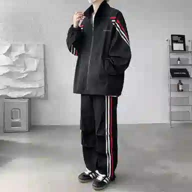 【美式高街三条杠免搭配一套】布客行 明线条纹拼接撞色复古港风舒适百搭日常户外防风防泼水开衫外套长裤子垂感休闲运动套装 男女同款