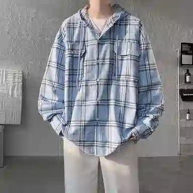 布客行 免搭配一套港风连帽开衫条纹格子高街休闲宽松衬衣外套美式复古直筒抽绳松紧腰微喇基础款柔软牛仔裤衬衫套装 男女同款