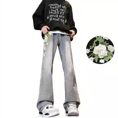 【万针刺绣3D立体浮雕】布客行 显腿长显高显瘦重工美式复古水洗直筒基础款文艺风花卉透气高街舒适亲肤休闲百搭微喇长裤牛仔裤 男女同款