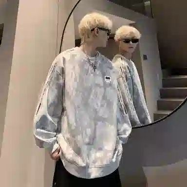 【满天星扎染满印拼接条纹】布客行 早秋开学穿搭可拆卸胸针潮牌复古美式高街国潮港风圆领落肩袖宽松舒适休闲多元素融合卫衣 男女同款