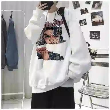 布客行 免搭配一套美式复古卡通字母印花重磅套头落肩袖上衣百搭水洗黑色显高显瘦弯刀微喇巴黎柳叶直筒牛仔长裤子休闲卫衣套装 男女同款