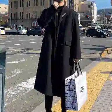 布客行 小个子可穿韩系基础长款过膝慵懒老钱风宽松舒适大口袋西装领保暖英伦风毛呢子外套高级感风衣落肩翻领长袖休闲百搭大衣 男女同款