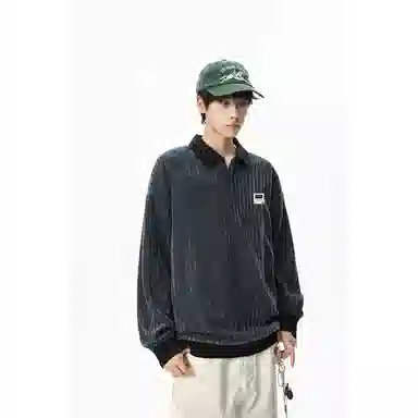 【明线撞色条纹早秋长袖】布客行 可拆卸别针美式复古高街轻奢老钱港风重磅慵懒垂感翻领落肩拼接宽松休闲舒适内搭外穿华棉卫衣 男女同款