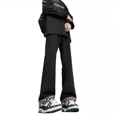 【豹富豹帅豹时尚】布客行 麂皮绒豹纹拼接美式复古高街垂感显高显瘦显腿长直筒弹力柔软舒适休闲百搭水洗做旧微喇阔腿牛仔裤 男女同款