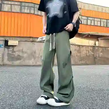 【显高显瘦伞兵裤】布客行 港风纯色褶皱设计感抽绳系带松紧腰长裤子学院风宽松大码直筒阔腿美式复古高街百搭柔软显腿长休闲裤 男女同款