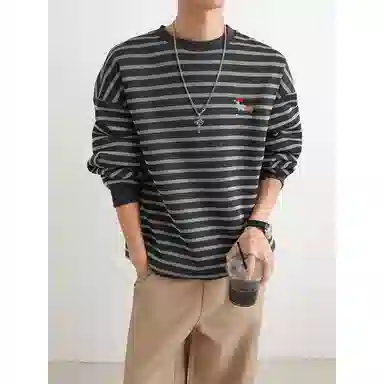 【腊肠小狗刺绣打底衫牛仔裤一套】布客行 美式潮牌圆领长袖条纹百搭港风卫衣抽绳水洗复古做旧阔腿通勤长裤休闲运动套装 男女同款