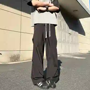 【显高显瘦伞兵裤】布客行 港风纯色褶皱设计感抽绳系带松紧腰长裤子学院风宽松大码直筒阔腿美式复古高街百搭柔软显腿长休闲裤 男女同款