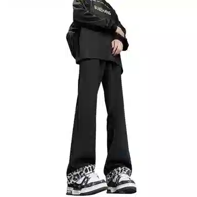 【豹富豹帅豹时尚】布客行 麂皮绒豹纹拼接美式复古高街垂感显高显瘦显腿长直筒弹力柔软舒适休闲百搭水洗做旧微喇阔腿牛仔裤 男女同款