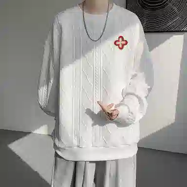 【提花压印大码200斤可穿】布客行 重磅慵懒风美式复古纯色圆领套头落肩长袖上衣港风宽松休闲百搭别针可拆卸刺绣胸标春秋卫衣 男女同款