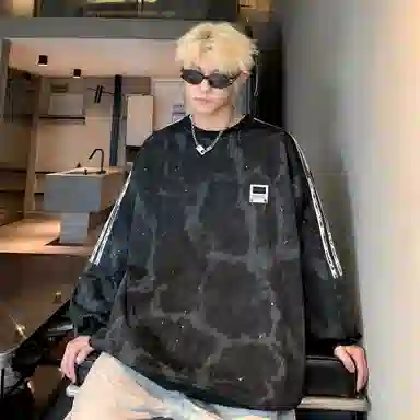 【满天星扎染满印拼接条纹】布客行 早秋开学穿搭可拆卸胸针潮牌复古美式高街国潮港风圆领落肩袖宽松舒适休闲多元素融合卫衣 男女同款