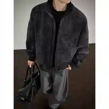 【雾面扎染设计夹克外套牛仔裤一套】布客行 防风保暖美式立领长袖宽松高街痞帅抽绳松紧水洗做旧显瘦阔腿通勤长裤休闲运动套装 男女同款