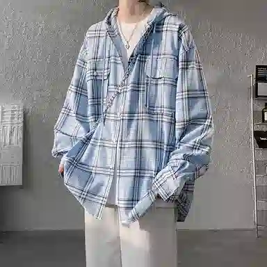 布客行 免搭配一套港风连帽开衫条纹格子高街休闲宽松衬衣外套美式复古直筒抽绳松紧腰微喇基础款柔软牛仔裤衬衫套装 男女同款