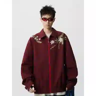 【万针刺绣立体花卉两面穿夹克牛仔裤一套】布客行 翻领拉链美式潮牌长袖外套抽绳港风宽松阔腿水洗做旧长裤休闲运动套装 男女同款