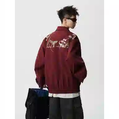 【万针刺绣立体花卉两面穿夹克牛仔裤一套】布客行 翻领拉链美式潮牌长袖外套抽绳港风宽松阔腿水洗做旧长裤休闲运动套装 男女同款