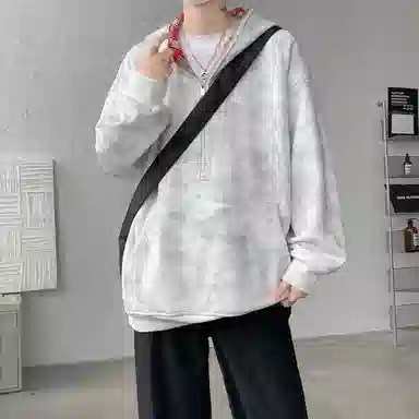 【重磅扎染脏脏衣裤子一套】布客行 美式潮牌连帽拼色拉链半开领大码长袖外套抽阔腿渐变色百搭牛仔长裤卫衣套装 男女同款