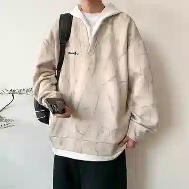 【脏脏扎染设计】布客行 美式高街百搭痞帅嘻哈休闲宽松舒适落肩套头长袖连帽假两件卫衣 男女同款