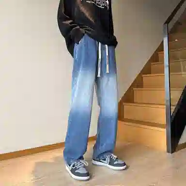 【直筒渐变显高显腿长】布客行 美式复古宽松大码水洗做旧潮流港风高街小众百搭阔腿舒适长裤子日常通勤痞帅学院风牛仔裤 男女同款