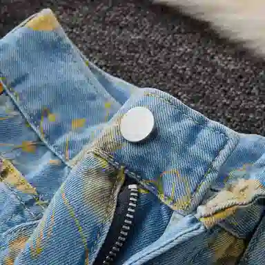 布客行 美式复古水洗植物花卉满印提花高街亲肤透气休闲百搭微喇显高显瘦显腿长裤弹力基础款阔腿巴黎柳叶弯刀直筒无性别牛仔裤 男女同款