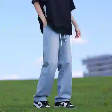 【废土风破洞牛仔外套裤子一套】布客行 美式潮牌水洗做旧高街痞帅长袖通勤抽绳宽松阔腿简约百搭长裤休闲运动套装 男女同款