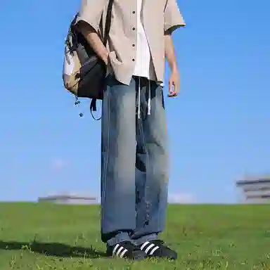 【拼色连帽开衫牛仔裤一套】布客行 撞色拉链高街休闲风大码宽松落肩保暖运动外套抽绳松紧腰水洗做旧港风简约百搭长裤卫衣套装 男女同款