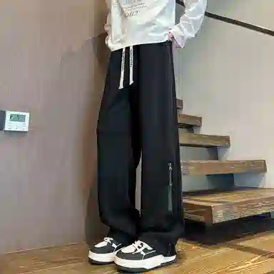 【华棉重磅直筒可束脚卫裤】布客行 显高显瘦港风设计感拉链抽绳系带松紧腰长裤子宽松大码美式复古高街百搭柔软显腿长休闲裤 男女同款