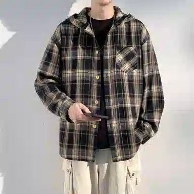 【免搭配一套】布客行 连帽开衫格子学院风高街单排扣休闲宽松衬衣外套美式复古直筒抽绳松紧腰微喇基础款柔软牛仔裤衬衫套装 男女同款