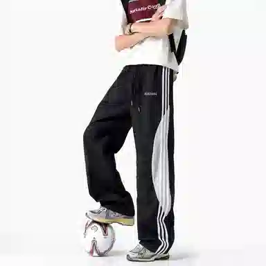 【三条杠拼接条纹撞色明线设计】布客行 青少年早秋开学美式高街潮牌复古阔腿垂感抽绳运动舒适松紧长裤子休闲裤 男女同款
