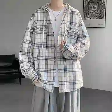 布客行 免搭配一套港风连帽开衫条纹格子高街休闲宽松衬衣外套美式复古直筒抽绳松紧腰微喇基础款柔软牛仔裤衬衫套装 男女同款