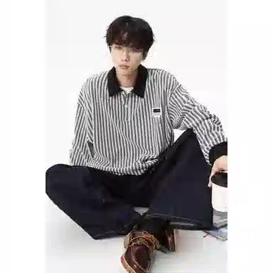 【明线撞色条纹早秋长袖】布客行 可拆卸别针美式复古高街轻奢老钱港风重磅慵懒垂感翻领落肩拼接宽松休闲舒适内搭外穿华棉卫衣 男女同款