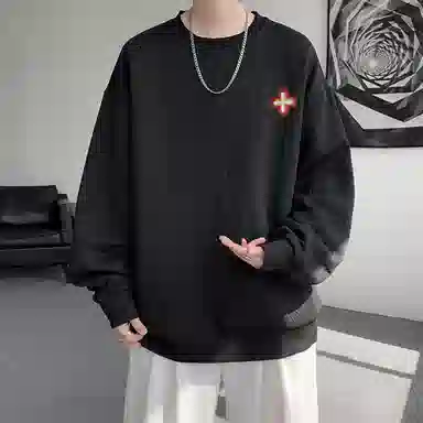 【提花压印大码200斤可穿】布客行 慵懒风纯色圆领套头落肩长袖上衣港风宽松休闲百搭基础款可拆卸刺绣胸标春秋美式复古卫衣 男女同款