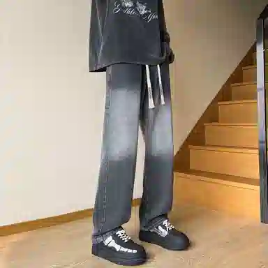 【直筒渐变显高显腿长】布客行 美式复古宽松大码水洗做旧潮流港风高街小众百搭阔腿舒适长裤子日常通勤痞帅学院风牛仔裤 男女同款