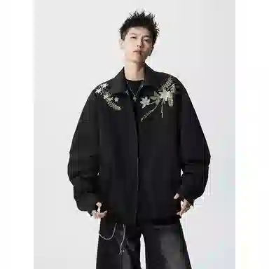 【万针刺绣立体花卉两面穿夹克牛仔裤一套】布客行 翻领拉链美式潮牌长袖外套抽绳港风宽松阔腿水洗做旧长裤休闲运动套装 男女同款