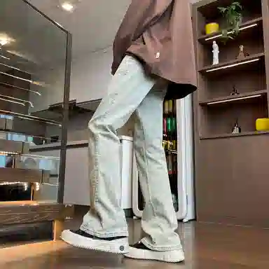 布客行 弹力微喇水洗美式复古港风简约纯色宽松高街垂感休闲百搭长裤子牛仔裤 男女同款