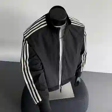 【防泼水外套裤子一套】布客行 三条杆条纹螺纹立领美式复古高街上衣夹克直筒水洗做旧微喇基础款松紧腰抽绳牛仔裤休闲运动套装 男女同款